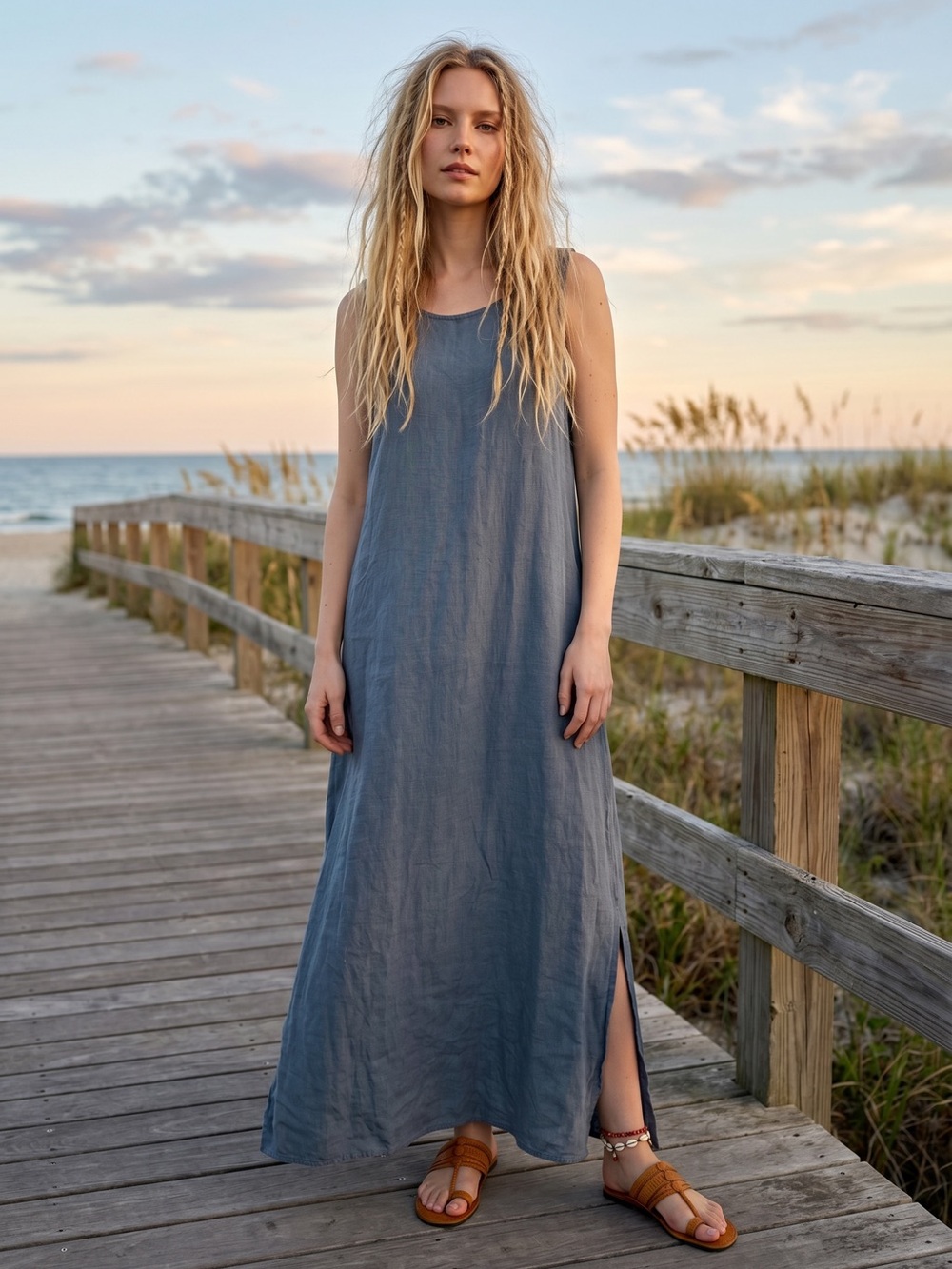 CP Shades Slate Blue Linen Maxi Dress